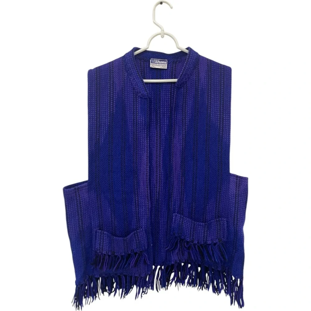 Ann‎ Buckmaster Weaves Vest Fringe Large Blue Pure New Wool Open Front Vintage